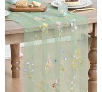 Artoid Mode Sage Green Embroidery Wild Flowers Gauze Table Runner 70x300 cm
