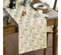 Artoid Mode Soft Plush Faux Fur Beige Ghost Halloween Table Runner, Seasonal Fall Kitchen Dining Table Decoration for Home Party Decor 33x230 cm