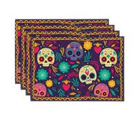 Artoid Mode Sugar Skull Flowers Leaves Mexico Day of the Dead Placemats Set of 4, 30 x 45 cm Halloween Table Mats for Party Kitchen Dining Decoration