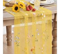 Artoid Mode Yellow Embroidery Wild Flowers Gauze Table Runner 70x300 cm | Seasonal Summer Sheer Tulle Dining Holiday Birthday Table Decor for Home