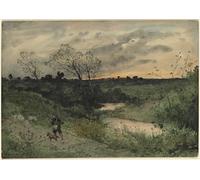 ARToPHIIU Famous Painting Picture Art Print Canvas Prints Art Dawn Hunter with Dog by Henri Harpignies Oil Painting Artwork for Home Decor 60x90cm