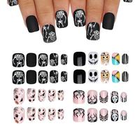 Artquee Halloween Press on Nails 4 Packs 96 Pcs Short Square Oval False Tips with Skull Flame Ghost Designs Reusable Fake Stick on Nails Kit for Women - 12 Sizes