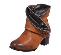ARtray Ankle Boots Women's Fashion Boots Round Toe Block Heel Party Shoes Fashion Versatile Zip Boots Retro Leather Short Boots Plus Size European and American Style, yellow, 5 UK
