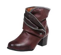 ARtray Ankle Boots Women's Fashion Boots Round Toe Block Heel Party Shoes Fashion Versatile Zip Boots Retro Leather Short Boots Plus Size European and American Style, brown, 8 UK