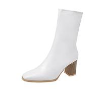 ARtray Ankle Boots Women's Patent Leather High Heels Boots Durable Garden Shoes Classic Square Heel Barefoot Shoes Women Casual Smart Party Shoes Boots Waterproof Lightweight Outdoor Boots, White, 6