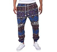 ARtray Cotton Linen Trousers for Men, Classic-Fit Casual Stretch Trousers, Fashion Colorful Pattern Printed Party Pants, Ethnic Hippie Trouser with Drawstring, Lightweight Straight Legs Trousers Blue