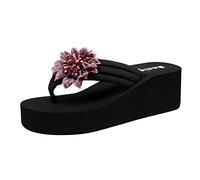 ARtray Flat Shoes Women's Black Fashion Spring and Summer Women's Slippers Platform Thick Bottom Wedge Heel Lightweight Flip Flops Flowers Plain Beach Shoes, black, 6 UK