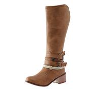 ARtray Leather Knight Boots Women's Mid-Height Boots Fashion Retro Biker Boots with Back Zip Round Toe Buckle Belt Western Boots Women Casual Smart Party Shoes Autumn and Winter, brown, 8 UK