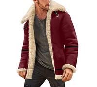 ARtray Men's Business Men's Autumn and Winter Plus Size Coat, Lapel Collar, Long Sleeve, Padded Leather Jacket, Vintage Thickened Coat, Sheepskin Jacket, Men's Jacket, red, XL
