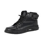 ARtray Mens Leather Boots Uk, Plus Size Black Shoes Men, Non-Slip Waterproof Mens Biker Combat Bootsfashion Handsome Plush Fleece Lace-Up Short Boots With Buckle, Side Zipper Motorbike Boots