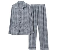 ARTRAY Mens Pyjamas Traditional 2 Piece Pjs Set Cotton Printed Nightwear Mens Long Sleeved Cotton Thin Plaid Plus Size Casual Wearable Housewear Suit Top & Bottoms Longs Pjs Soft Breathable Pjs