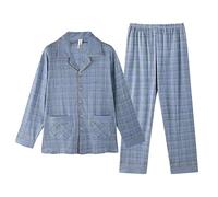 ARTRAY Mens Pyjamas Traditional 2 Piece Pjs Set Cotton Printed Nightwear Mens Long Sleeved Cotton Thin Plaid Plus Size Casual Wearable Housewear Suit Top & Bottoms Longs Pjs Soft Breathable Pjs