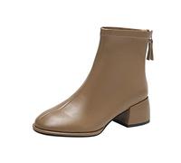 ARtray womens leather platform ankle boots pure color simplicity casual shoes with zipper ruffle retro round toe block heel barefoot shoes fashion, khaki, 6 UK