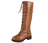 ARtray Women's Overknee Boots, Biker Boots, Pure Colour Lace-Up Boots, Fashion Knee-High Boots with Buckle Belt, Durable High Elasticity Riding Boots, Elegant Leather Knight Boots, brown, 6 UK