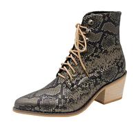 ARtray womens short ankle boots pointy toe fashion snake print platform block heel boots lace up boots casual smart party shoes, Black, 8 UK