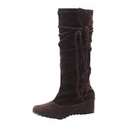 ARtray Women's Winter Boots Round Toe Half Height Boots Invisible Height Adjustable Shoes for Women Casual Smart Party Boots Pure Colour Comfortable Lace-up Boots Ultralight Long Shaft Boots, brown, 8