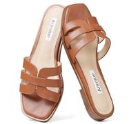 Artrotter Flat Dressy Summer Sandals for Women 2025, Resort Womens Sandals Comfortable Slip On Leather Slide Sandals, Tan/Brown Pu, 4.5 UK