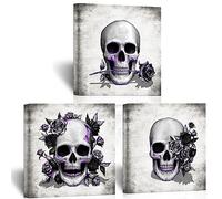 Artsbay Grey Skeleton Wall Art Skull and Rose Pictures Paintings Rustic Gothic Home Decor for Living Room Bedroom Bathroom 12" x 12" x 3PCS