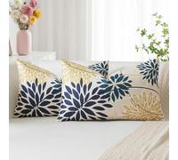 Artscope 2 Pieces Dahlia Floral Blue Yellow Cyan Geometric Cushion Covers 40 x 60 cm, Spring Cushion Bohemian Flowers Decorative Linen for Home Decoration Living Room Bedroom Sofa