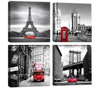 Artscope 4 Pieces Wall Art Canvas Prints - Red Cityscape with Eiffel Tower, Big Ben, Tower Bridge Picture Painting- Modern Wall Artwork Framed for Bathroom Home Office Decor - 30 x 30 CM