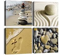 Artscope 4 Pieces Wall Art Canvas Prints - Seaside and Stones Picture Painting- Modern Wall Artwork Framed for Bathroom Home Office Decor - 30 x 30 CM