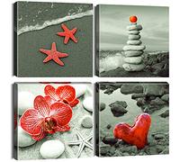 Artscope 4 Pieces Wall Art Canvas Prints - Seaside Red Starfish and Apples and Flowers and Love Hearts Picture Painting- Modern Wall Artwork Framed for Bathroom Home Office Decor - 30 x 30 CM