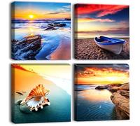 Artscope 4 Pieces Wall Art Canvas Prints - Sunset Seaside Scenery Picture Painting- Modern Wall Artwork Framed for Bathroom Home Office Decor - 30 x 30 CM