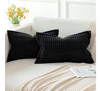 Artscope Black Cushion Covers Set of 2 Corduroy Decorative Square Striped Pillowcase with Stitched Edge Pillow Covers 30x50cm for Home Decor Sofa Bedroom Car
