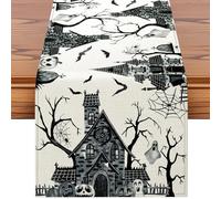 Artscope Black White Spooky Haunted House Tree Ghost Halloween Table Runner, Halloween Holiday Kitchen Dining Table Decoration for Fall Home Decor 16x72 Inch