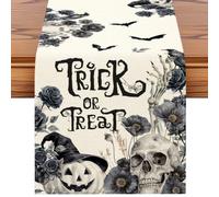 Artscope Black White Table Runner Trick or Treat Halloween Holiday with Pumpkin Skull and Flower Pattern Seasonal Kitchen Dining Table Runner Decoration for Home Fall Party Decor 40x240 cm