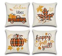 Artscope Fall Cushion Covers 45x45cm Set of 4 for Fall Decor Buffalo Plaid Pumpkin Patch Leaves Maple Leaf Truck Outdoor Thanksgiving Pillows Decorative Throw Pillows Autumn Cushion Case for Couch