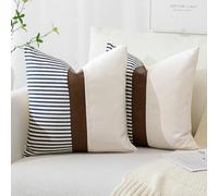 Artscope Farmhouse Decor Stripe Patchwork Linen Cushion Covers Cases Set of 2 Modern Boho Tan Faux Leather Accent Pillow Covers 50x50cm for Home Decor Sofa Bedroom Fall Decorations, Navy Blue