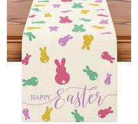 Artscope Happy Easter Peeps Bunny Table Runner Spring Easter Holiday with Colorful Rabbit Pattern Seasonal Kitchen Dining Table Runner Decoration for Home Spring Party Decor 40x300cm