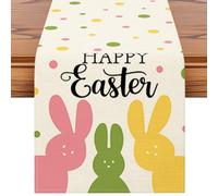 Artscope Happy Easter Peeps Bunny Table Runner Spring Easter Holiday with Pink Green Yellow Rabbit Pattern Seasonal Kitchen Dining Table Runner Decoration for Home Spring Party Decor 40x180cm