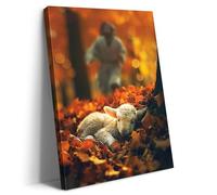 Artscope Jesus and Lamb Canvas Wall Art Jesus Runs for the Lost Sheep In Autumn Forest Picture Wall Art Canvas Print Christian for Living Room Bedroom Church Home Decor - 30 x 40 CM