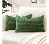 Artscope Pom Poms Decorative Corduroy Cushion Covers 30x50cm Super Soft Boho Striped Lumbar Pillow Covers Case Geometric for Sofa Couch Bedroom Car Decor Set of 2, Forest Green