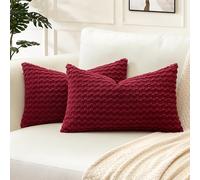 Artscope Pom Poms Decorative Corduroy Cushion Covers 30x50cm Super Soft Boho Striped Lumbar Pillow Covers Case Geometric for Sofa Couch Bedroom Car Decor Set of 2, Wine Red