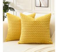 Artscope Pom Poms Decorative Corduroy Cushion Covers 40x40cm Super Soft Boho Striped Square Pillow Covers Case Geometric for Sofa Couch Bedroom Car Decor Set of 2, Mustard Yellow
