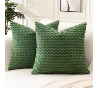 Artscope Pom Poms Decorative Corduroy Cushion Covers 45x45cm Super Soft Boho Striped Square Pillow Covers Case Geometric for Sofa Couch Bedroom Car Decor Set of 2, Forest Green