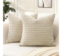 Artscope Pom Poms Decorative Corduroy Cushion Covers 55x55cm Super Soft Boho Striped Square Pillow Covers Case Geometric for Sofa Couch Bedroom Car Decor Set of 2, Beige