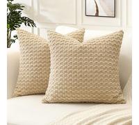 Artscope Pom Poms Decorative Corduroy Cushion Covers 60x60cm Super Soft Boho Striped Square Pillow Covers Case Geometric for Sofa Couch Bedroom Car Decor Set of 2, Light Brown