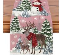Artscope Reindeer Snowman Christmas Tree Table Runner, Xmas Winter Snowflakes Holiday Kitchen Dining Table Decoration for Christmas Home Party Decor 13x72 Inch-Pink