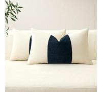 Artscope Set of 2 Cotton Linen Chenille Cushion Covers with Striped Patchwork Modern Minimalist Cushion Case Geometric Pillowcases for Living Room Bed Couch Sofa Home Decor 30x50cm Navy Blue