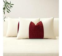 Artscope Set of 2 Cotton Linen Chenille Cushion Covers with Striped Patchwork Modern Minimalist Cushion Case Geometric Pillowcases for Living Room Bed Couch Sofa Home Decor 30x50cm Wine Red