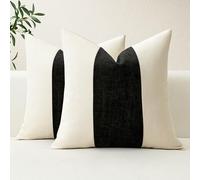 Artscope Set of 2 Cotton Linen Chenille Cushion Covers with Striped Patchwork Modern Minimalist Cushion Case Geometric Pillowcases for Living Room Bed Couch Sofa Home Decor 50x50cm Black