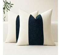 Artscope Set of 2 Cotton Linen Chenille Cushion Covers with Striped Patchwork Modern Minimalist Cushion Case Geometric Pillowcases for Living Room Bed Couch Sofa Home Decor 50x50cm Navy Blue