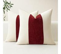Artscope Set of 2 Cotton Linen Chenille Cushion Covers with Striped Patchwork Modern Minimalist Cushion Case Geometric Pillowcases for Living Room Bed Couch Sofa Home Decor 50x50cm Wine Red