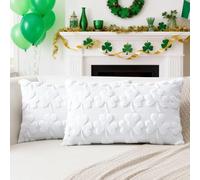 Artscope Set of 2 St. Patrick's Day Cushion Covers Soft Plush Short Wool Velvet White Shamrock Throw Pillow Covers Rectangular Lucky Clover Pillowcase for Spring Sofa Bedroom 30x50cm