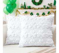 Artscope Set of 2 St. Patrick's Day Cushion Covers Soft Plush Short Wool Velvet White Shamrock Throw Pillow Covers Square Lucky Clover Pillowcase for Spring Sofa Bedroom 50x50cm