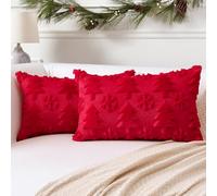 Artscope Set of 2 Xmas Soft Plush Short Wool Velvet Decorative Cushion Covers 30x50cm Luxury Style Throw Pillow Covers Pillow Shell for Sofa Bedroom Christmas Tree and Snowflake Red